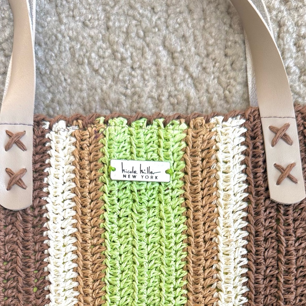 NWOT Nicole Miller Boho Brown and Green Tote Bag Oversized Straw Shoulder Bag - Picture 8 of 8